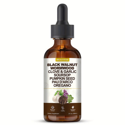 Black Walnut Wormwood Tincture — Gut Health & Colon Cleanse Herbal Drops with Soursop, Oregano, Garlic & Berberine | Alcohol-Free | 2 fl oz