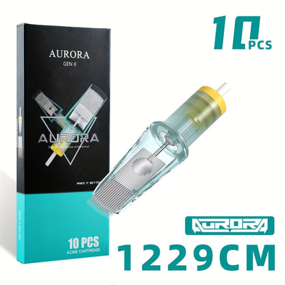 Tattoo Cartridge Needles 10-Pack — Aurora II Curved Magnum, Stainless Steel, Large Ink Capacity, Low Splatter, Transparent Body, for Artists & Beginners