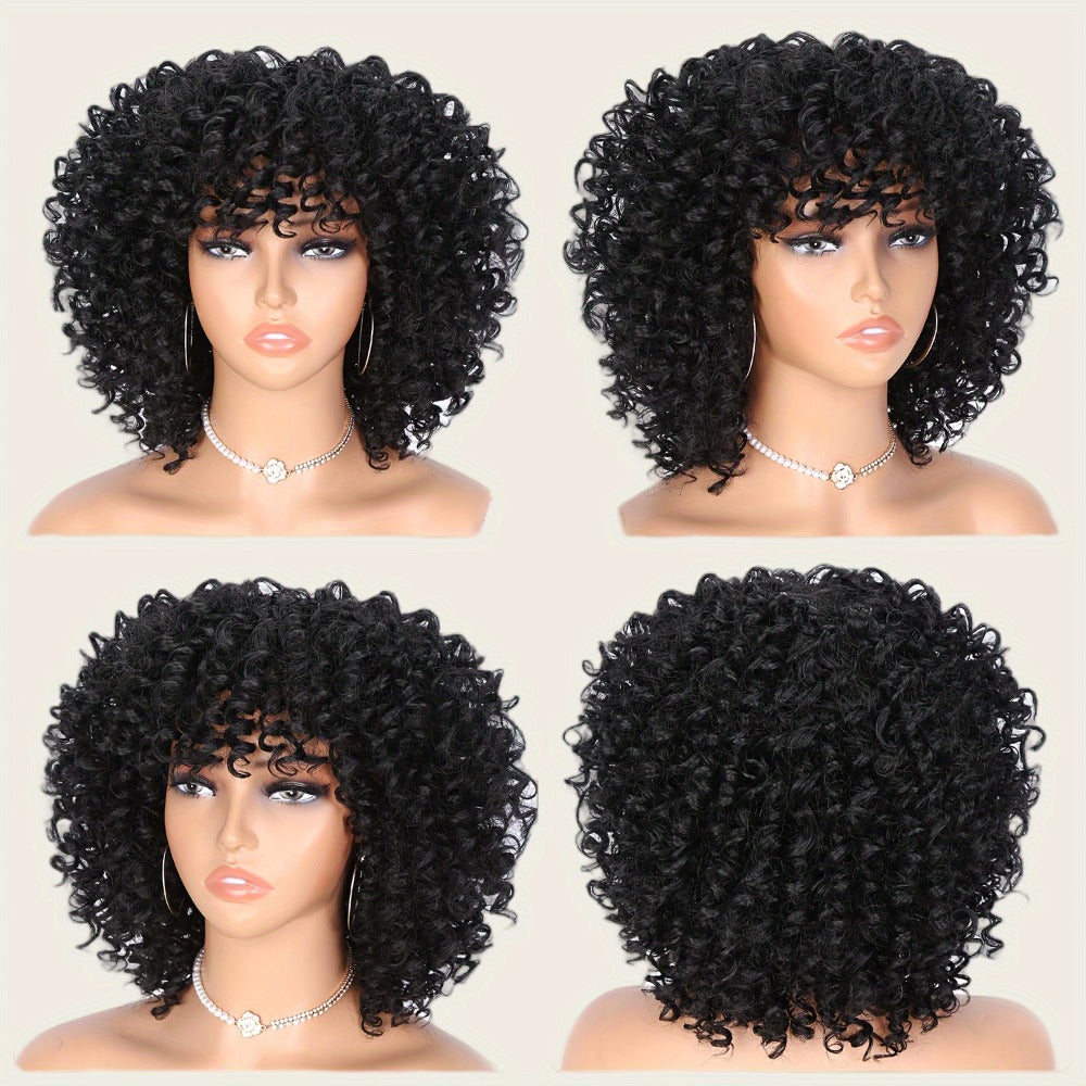 Afro Kinky Curly Wig for Black Women — Short Synthetic Wig with Bangs, 180% High Density, Natural Fluffy Curls, Stretch Cap, Daily Wear & Party, Fits All Head Sizes