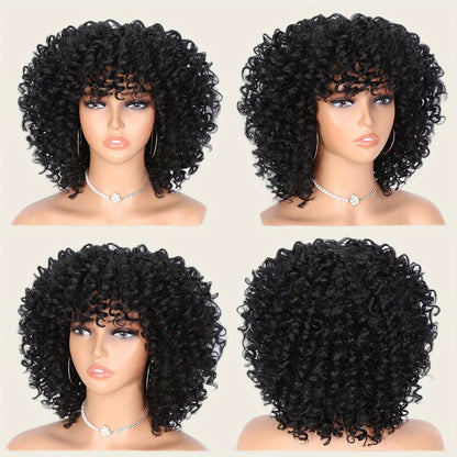 Afro Kinky Curly Wig for Black Women — Short Synthetic Wig with Bangs, 180% High Density, Natural Fluffy Curls, Stretch Cap, Daily Wear & Party, Fits All Head Sizes