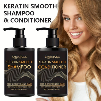 Keratin Shampoo and Conditioner Set - Moisturizing Hair Care for Color-Treated & Heat-Damaged Hair, Prevents Breakage & Split Ends, Smoothing Professional Formula, 6.76oz Each (2PCS)