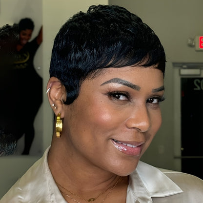 Brazilian Human Hair Pixie Cut Wig 150% Density Short Straight Wig for Women Machine Made Rose Net Cap Glueless Natural Black 4 Inch Beginner Friendly Easy Wear