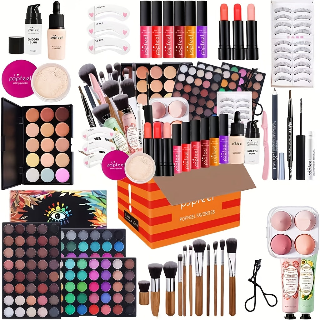 POPFEEL Full Makeup Gift Set with Highlighter Powder & Brushes - Complete Eyeshadow, Mascara, Eyebrow Pencil Palette Suitable for Spring Summer Looks, Berry// Colors, for Skin Tones, Valentine's Day Beauty Bundle