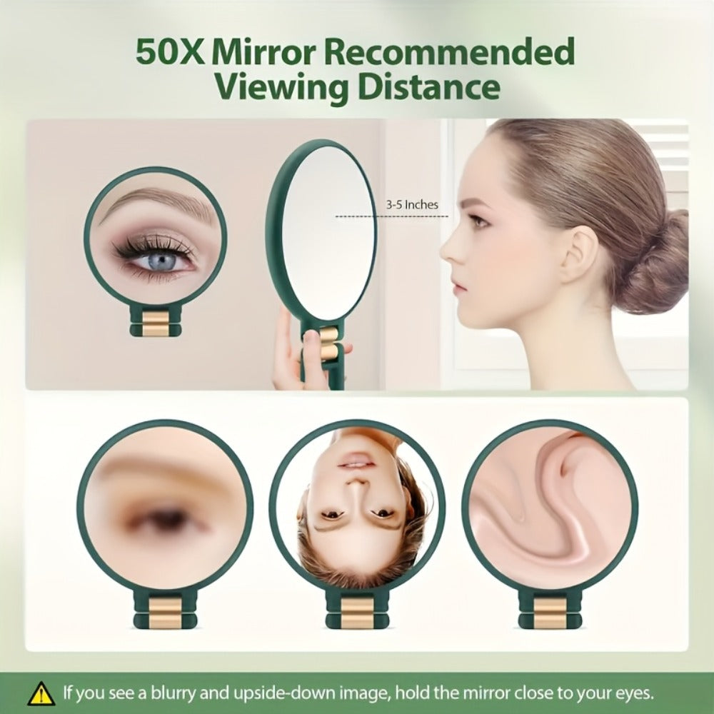 1pc Of 50x Handheld Magnifying Double-sided Makeup Mirror, 1X/50X Zoom, 360° Adjustable Handle, Supports Handheld, Desktop Placement And Hanging Use, Double-sided Mirror Design