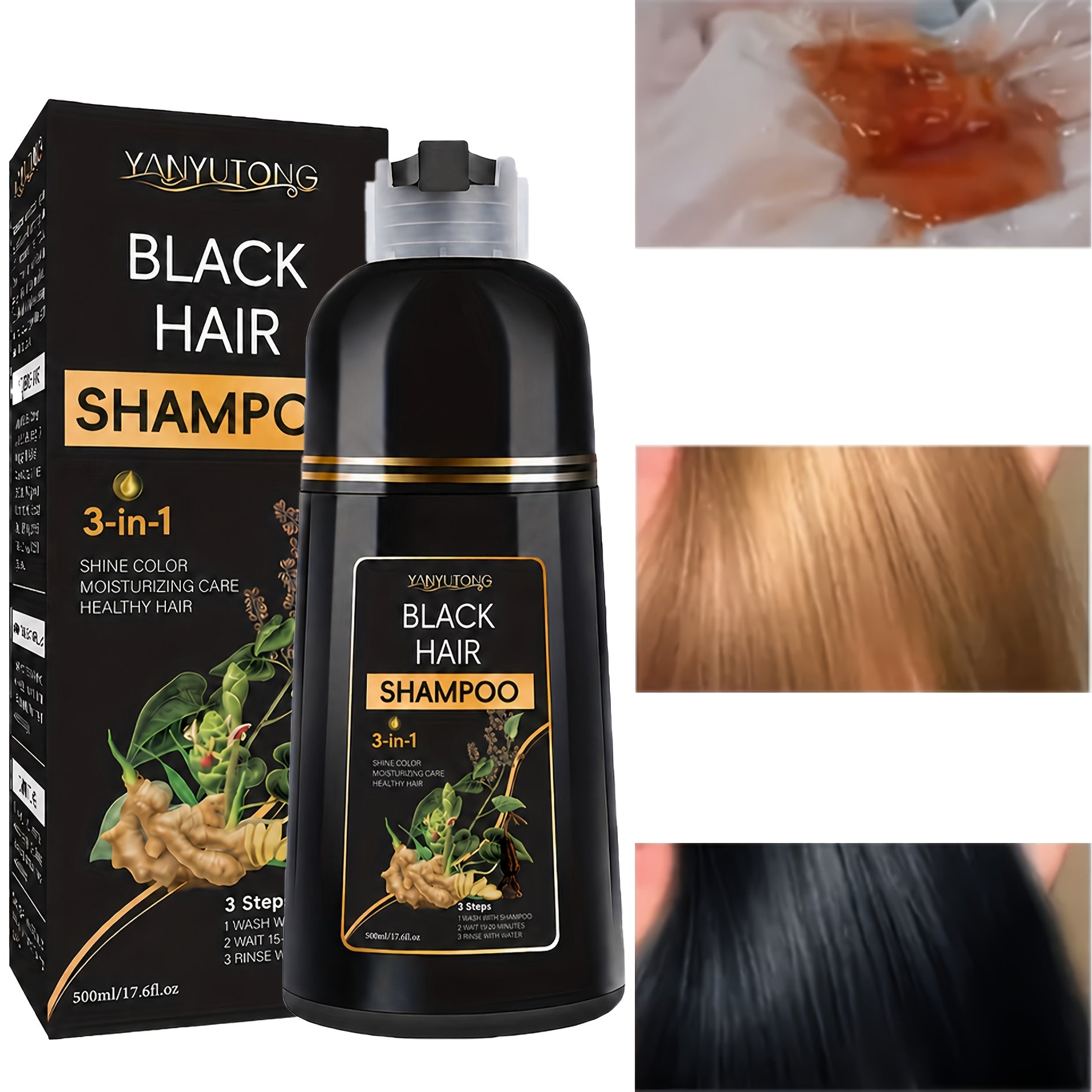16.91oz 3-in-1 Black Hair Dye Shampoo, Covering White Hair, Herbal Hair Dye Shampoo - Natural And Healthy Plant Ingredients, Quickly Complete Hair Dyeing, Moisturize And Care For Hair, Suitable For Both Men And Women, Father'S Day Gift