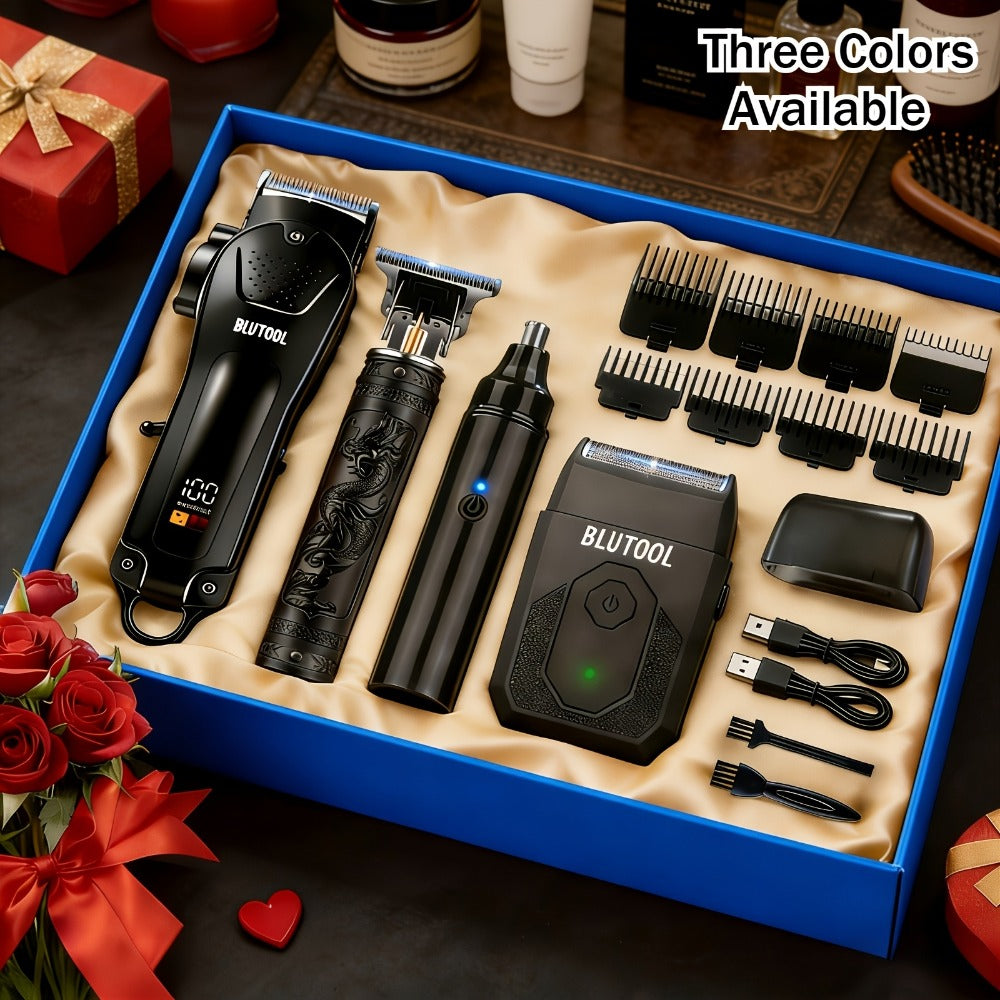 4pcs Professional Barber Clippers and Trimmer Set | Nose Hair Trimmer, Detail Trimmer with Guide Comb, LED Display, USB Powered, Rechargeable Battery, ABS Plastic Housing, Ideal Gift for Husband/Boyfriend/Elders, Home & Travel Use