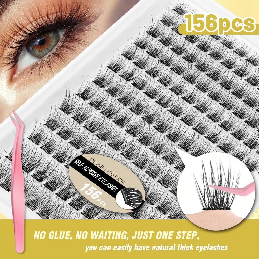 156pcs Self Adhesive Eyelashes Clusters Kit with 2 Tweezers Lash Clusters DIY Eyelashes Pre Glued Reusable No Glue Needed No Remover No Residue