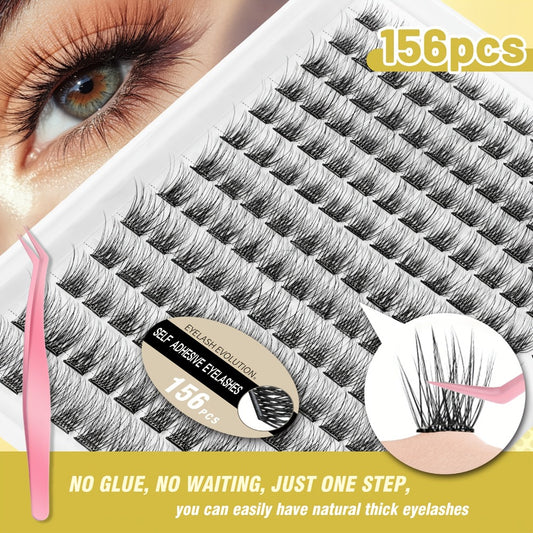 156pcs Self Adhesive Eyelashes Clusters Kit with 2 Tweezers Lash Clusters DIY Eyelashes Pre Glued Reusable No Glue Needed No Remover No Residue