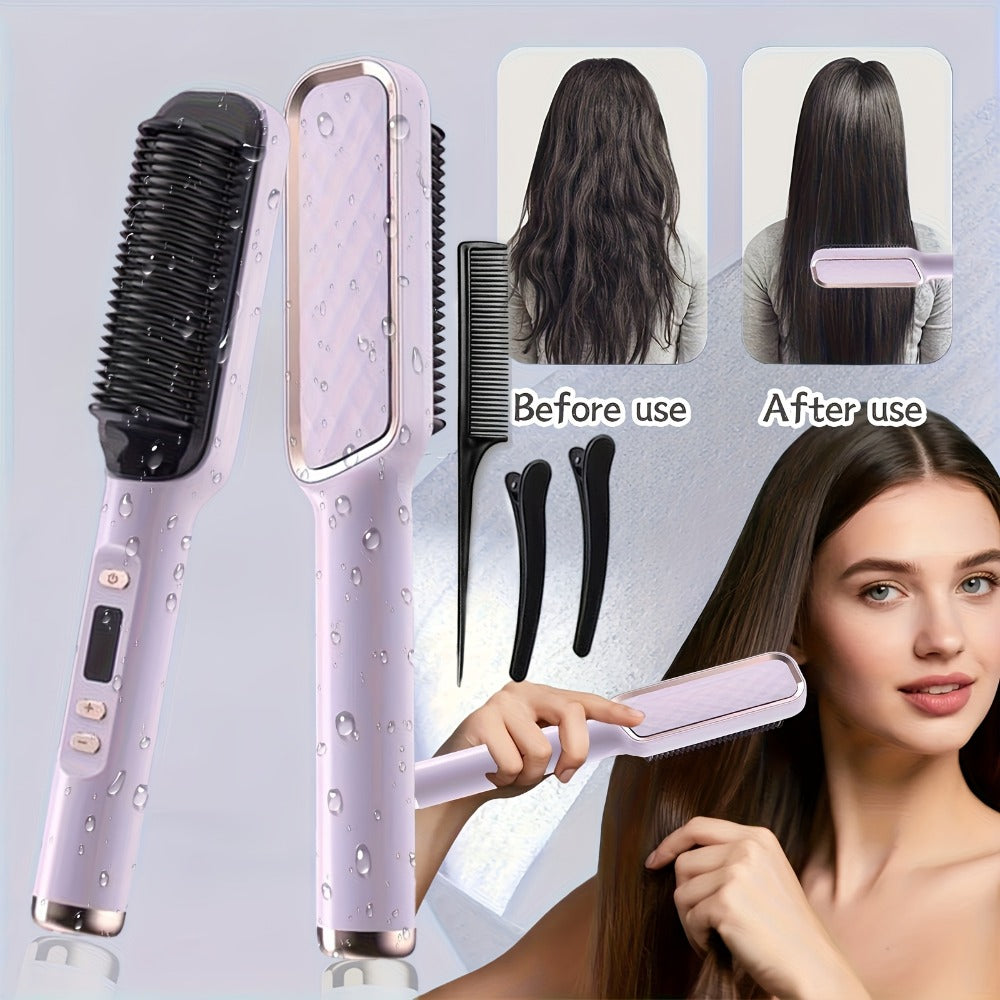 2 in 1 Curling Hair Straightener+2 Hairpins + 1 Comb, 35S Fast Hair Straightener, Women'S Hair Straightener, LCD Display Hair Straightener, 4-Speed Temperature Flat Iron Brush, Anti-Scalding, Birthday Christmas Gift
