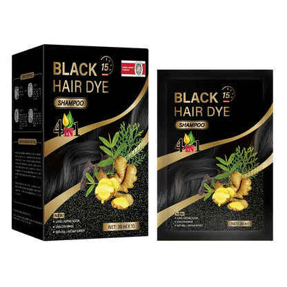 Hair Dye Shampoo 3-in-1 Portable Sachets Box of 10 Packs - Natural Hair Color, Deep Cleansing, Grey Coverage, Travel-Friendly Individual Packaging for Men & Women, Black Dark Brown Chestnut Coffee