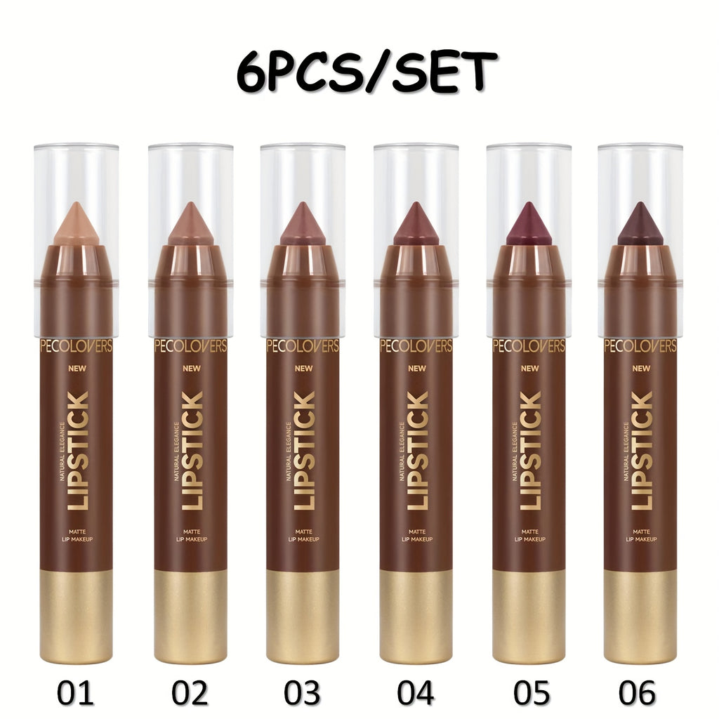 6pcs Matte Lip Liner in Brown Tube, Long-lasting, Smooth Contouring, Non-smearing, Used to Outline and Fill Lips, Various Shades