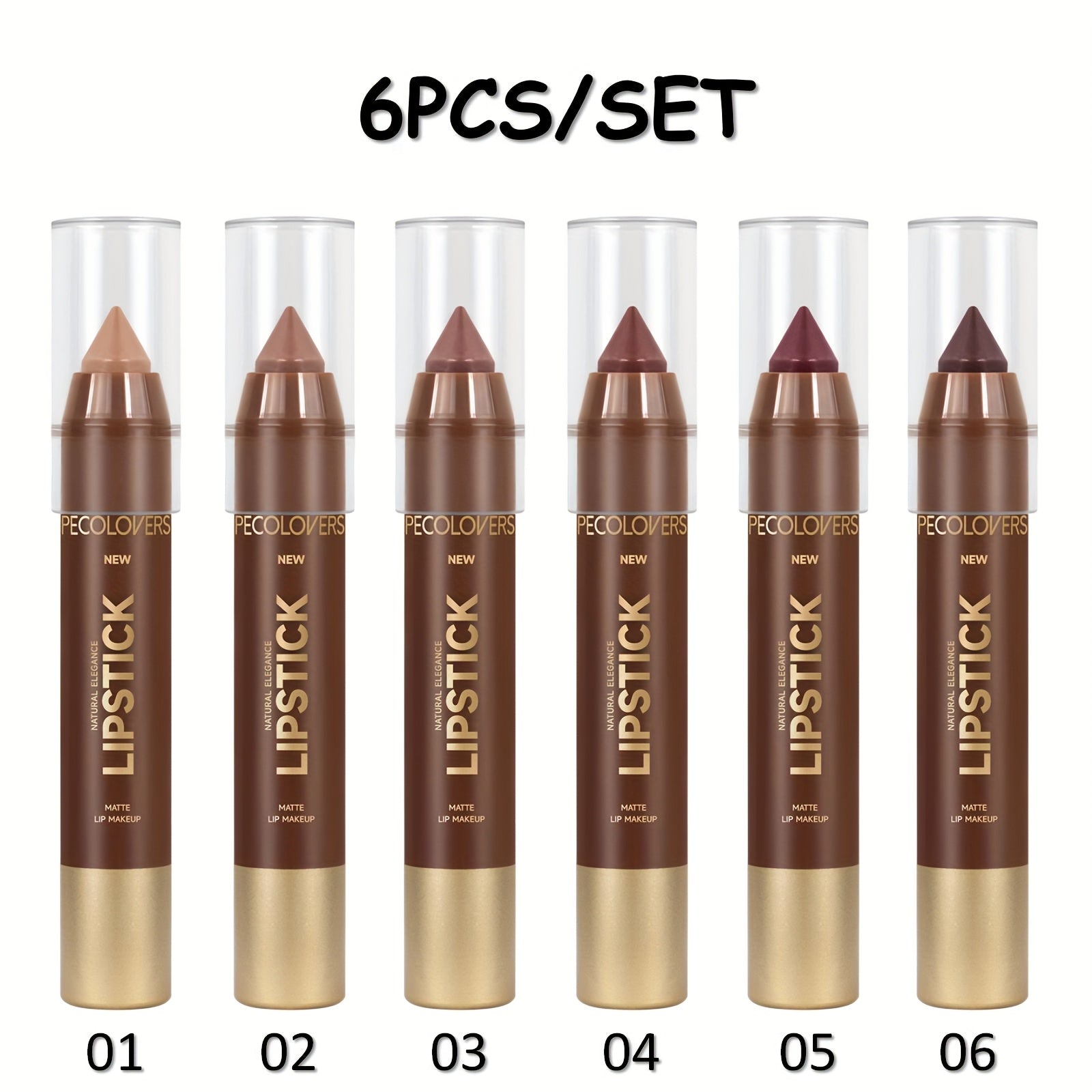 6pcs Matte Lip Liner in Brown Tube, Long-lasting, Smooth Contouring, Non-smearing, Used to Outline and Fill Lips, Various Shades