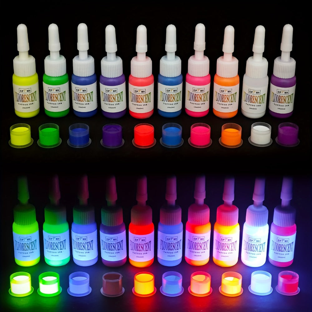 Fluorescent Tattoo Ink Set 10 Colors UV Glow Bright Long-Lasting Light-Reactive Neon Tattoo Ink Bottles for Tattoo Artists & Enthusiasts Body Art
