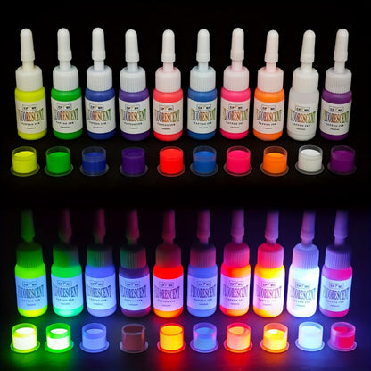 Fluorescent Tattoo Ink Set 10 Colors UV Glow Bright Long-Lasting Light-Reactive Neon Tattoo Ink Bottles for Tattoo Artists & Enthusiasts Body Art