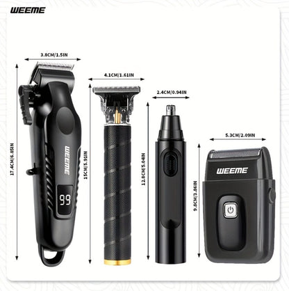 Men's Grooming Kit - USB Rechargeable Hair Clipper, Nose Trimmer, Electric Shaver & Detail Trimmer Set, Zinc Alloy Body, 3500mAh Battery, White Black Gold
