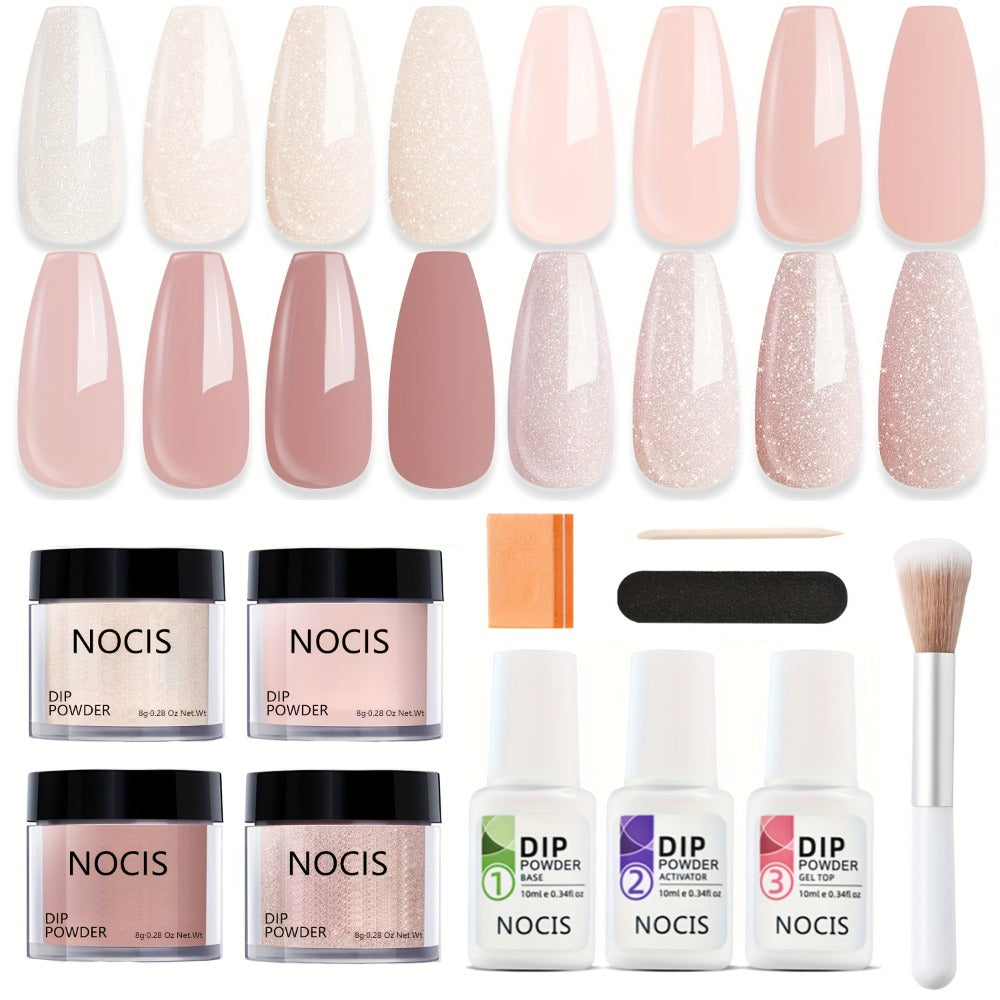 Dip Powder Nail Kit 4 Colors Glitter & Nude Shades - French Manicure Set with Base Coat Top Coat & Activator for Salon-Quality Nails at Home - Perfect Gift for Women