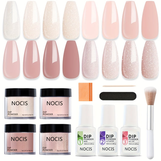 NOCIS Dip Powder Nail Kit - 4 Colors, Glitter And Nude Shades with Base And Top Coat Activator for French Manicure at Home Or Salon - Perfect Gift for