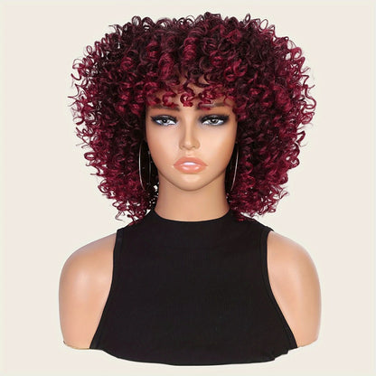 Afro Kinky Curly Wig for Black Women — Short Synthetic Wig with Bangs, 180% High Density, Natural Fluffy Curls, Stretch Cap, Daily Wear & Party, Fits All Head Sizes