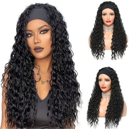 Headband Wig Curly Wavy Black Synthetic Glueless No Lace Elastic Cap Heat Resistant Fiber Beginner Friendly for Women Daily Wear Party Cosplay 12 16 22 Inch