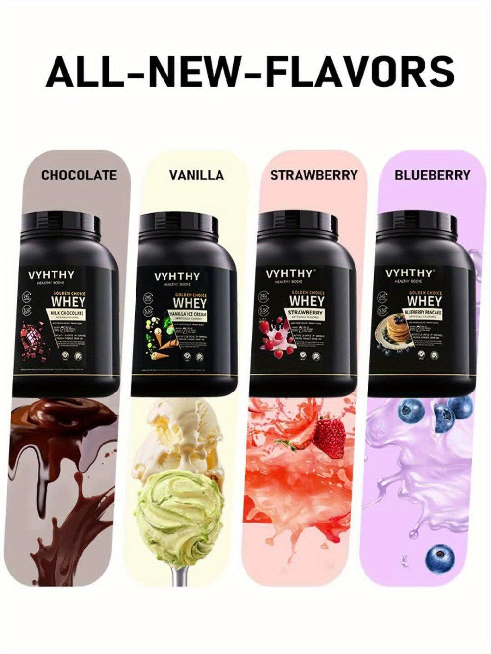 VYHTHY Whey Protein Powder, Premium Milk Protein Powder, Isolated And Hydrolyzed Blend, Suitable for Sports Nutrition And Daily Use, Contains Bcaas, Low in Carbohydrates, Available in Strawberry, Blueberry, Vanilla