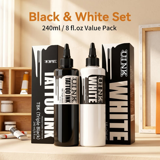 Tattoo Ink 8.12oz Large Capacity Black & White - UINK Professional Tattoo Ink Set for Line Work Coloring Shading Body Art Graffiti Beginners & Artists