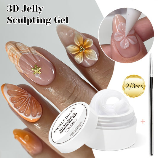 3D Sculpting Nail Gel with Carving Pen — Clear White Extension Builder Gel for 3D Floral Nail Art, DIY Acrylic Nail Extensions, Salon & Home Manicure (2pcs/3pcs Set)