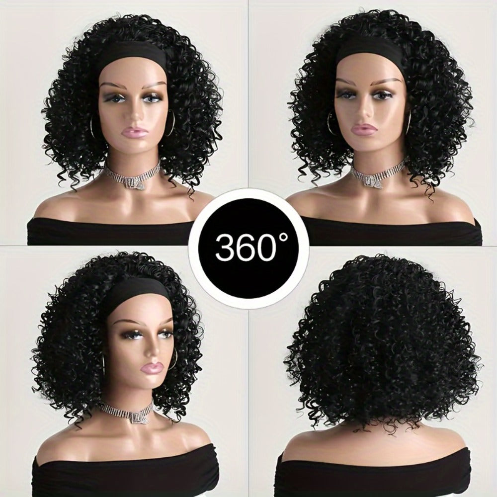 Headband Wig Curly Wavy Black Synthetic Glueless No Lace Elastic Cap Heat Resistant Fiber Beginner Friendly for Women Daily Wear Party Cosplay 12 16 22 Inch