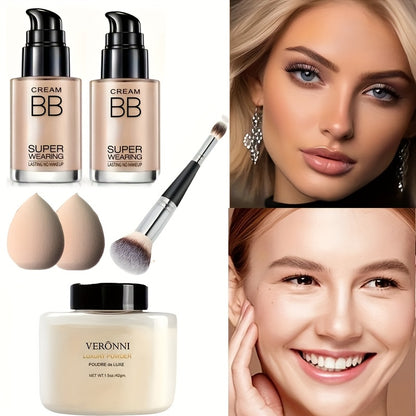 BB Cream and Setting Powder Set 2pcs with Tools Moisturizing Concealer Oil Free Matte Long Lasting Face Makeup for Women Light Natural Skin Tone