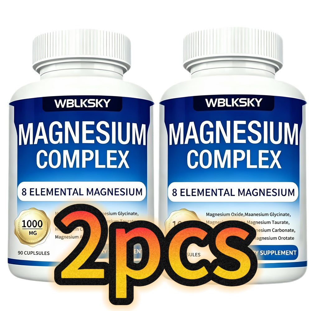 Magnesium Complex Supplement Capsules, Magnesium Glycinate, Compound Magnesium, 1000mg Per Capsule - 8 Forms Of Elemental Magnesium(Glycinate, Citrate, Malate, Orotate, Taurate, Aspartate, Oxide, Carbonate), Helps Improve Mood And Sleep(2 Bottles)