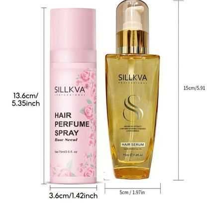 Moroccan Argan Hair Oil & Rose Scented Spray Set SILLKVA Revitalizing Penetrating Treatment Smooths Moisturizes Strengthens Hair Long-Lasting Fragrance for Women