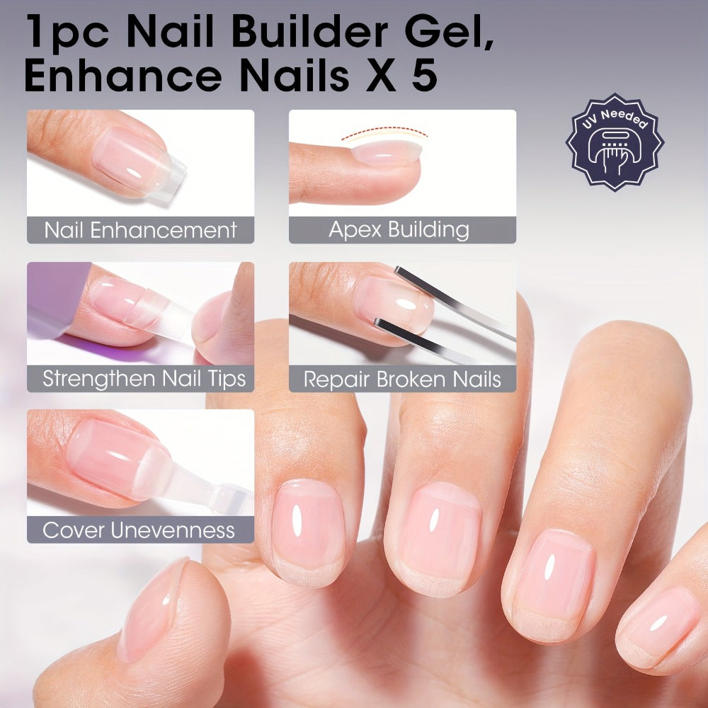 Gellen Clear 5-In-1 Hema-Free Builder Gel for Nails, 0.68oz for Nail Strengthener in a Bottle, for Nail Extension Hard Gel, Soak Off Long-Lasting Light, Base Coat Top Coat Needed