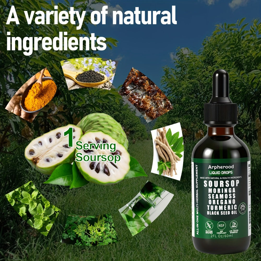 Soursop Graviola Liquid Blend | Leaf And Fruit Formula with Sea Moss, Elderberry And Black Seed Oil | High-Potency Oral Drops for Immune Wellness, Digestive Balance And Liver Care for Men And Women | 2 Fl.Oz Glass Bottle, Dietary Supplements