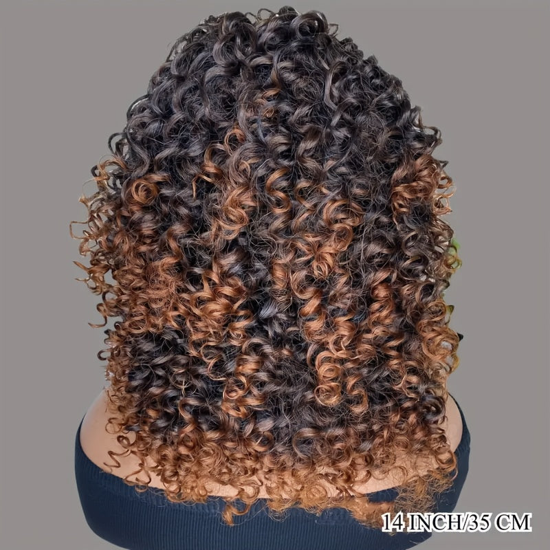 Elegant Women Short Afro Kinky Curly Synthetic Ombre Brown Wig with Bangs, High Temperature Fiber, Elastic Cap, for Daily Wear