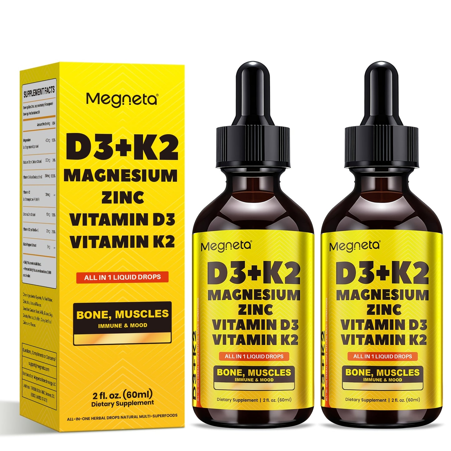 Vitamin D3 Liquid 10000 IU K2 MK-7 120mcg with Magnesium Zinc Vitamin B2 Sugar-Free Drops for Calcium Absorption Mood Immune Health 2 fl oz 30-Day Supply