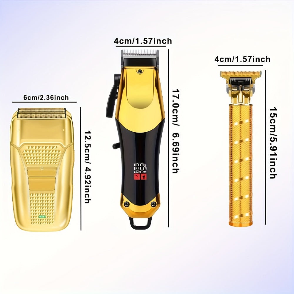 Golden Hair Cutting 1/3pcs Set, Men'S Grooming Kit. USB Rechargeable, LCD Display. Includes 1 Black And Golden Professional Hair Clipper + 1 Golden Men'S Razor + 1 Golden T-Blade Trimmer + 8 Guide Combs + 3 Cleaning Brushes + 1 Comb