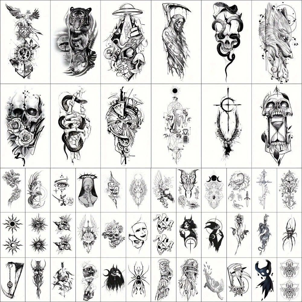 GLARYYEARS Temporary Tattoo for Men, 48pcs 12 Large 36 Small Fake Tattoos, Long-lasting Realistic Tattoo Stickers, Cool Skull Snake Death Designs for Adults Women, Black Body Half Arm Tattoos
