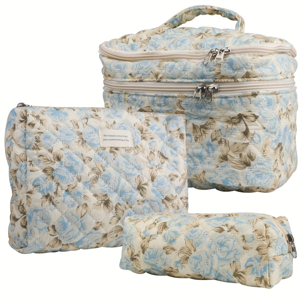 Large Capacity Dual Layer Cotton Makeup Cosmetic Bag (3PCS), Cute Quilted Travel Coquette Aesthetic Floral Make up Bag for Women Toiletry Bag