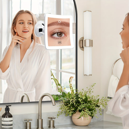 2000mAh Rechargeable 25X Magnifying Mirror with Light, Suction Cup, Locking Suction Mount, Travel Magnifying Mirror with 360° Adjustable, Travel Makeup Mirror with Dimmable Touch & 3 LED Light Settings, Valentine's Day Gifts, Weddings, Birthday Gift