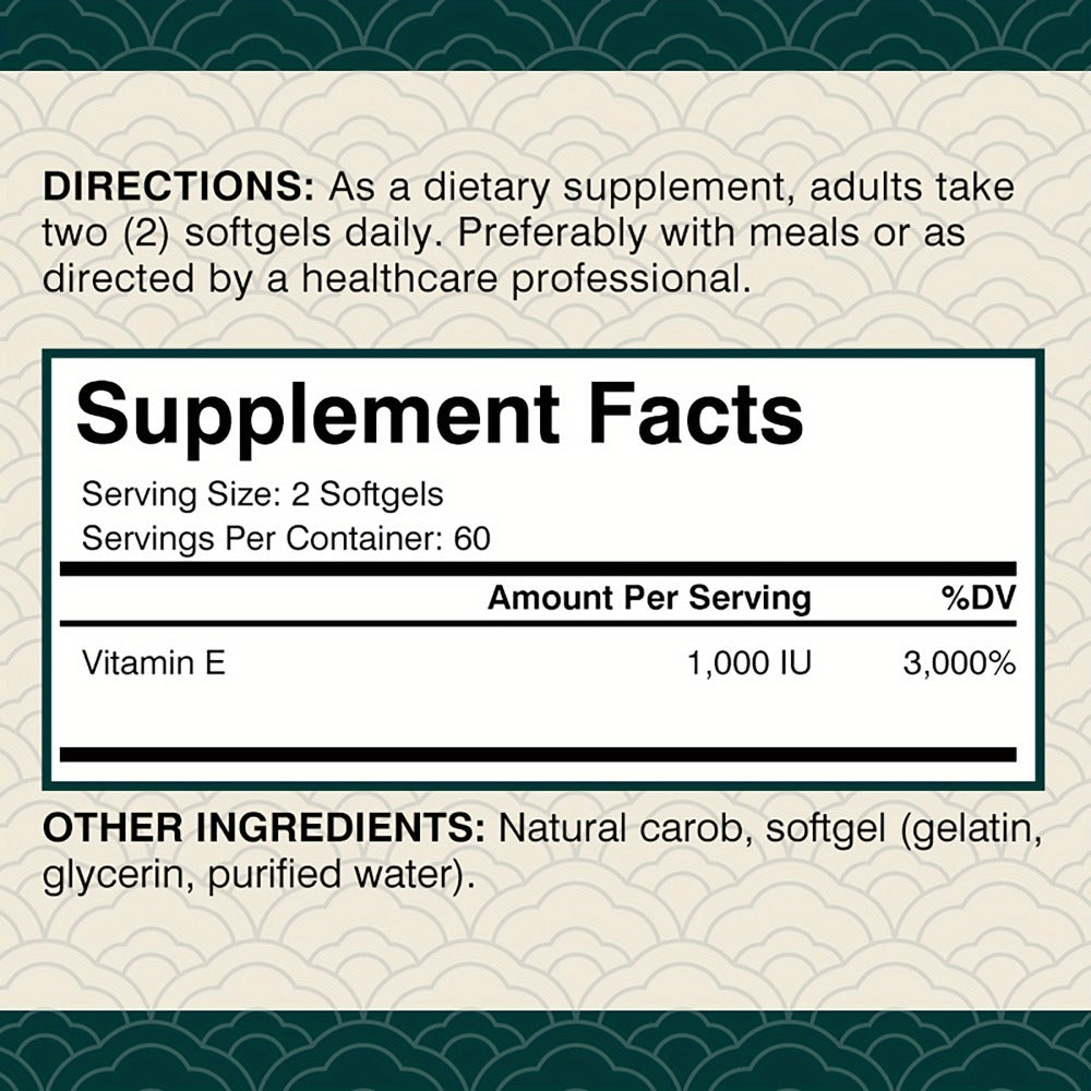 Vitamin E 1000IU Supplement – Antioxidant Support for Immune Health, Hair, Skin, Nails & Eye Health | Gluten-Free Softgels 120 Capsules for Men and Women