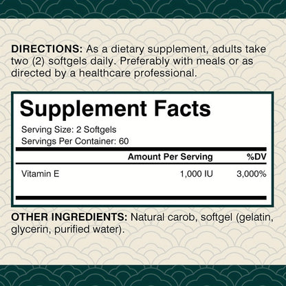 Vitamin E 1000IU Supplement – Antioxidant Support for Immune Health, Hair, Skin, Nails & Eye Health | Gluten-Free Softgels 120 Capsules for Men and Women