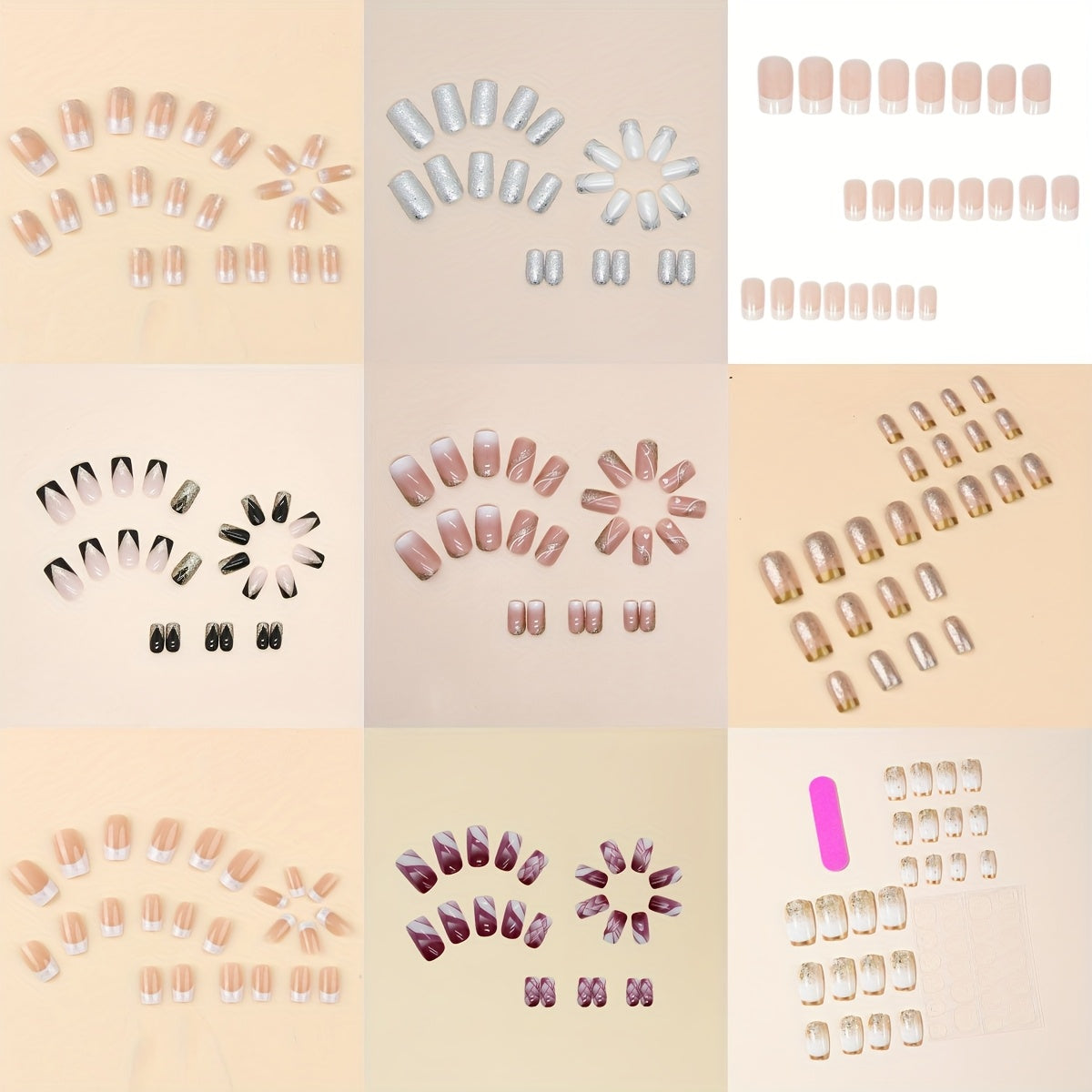 216pcs (9 Boxes) Short Square Summer White French Style Simple Gradient Glitter Heart Soft Gel Press-On Nails Full Cover Fake Nail Set for Women & S