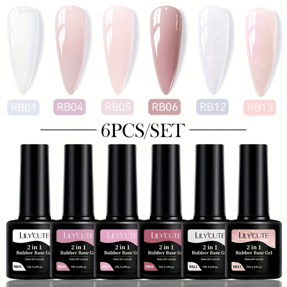 LILYCUTE 0.24oz 6pcs 2 In1 Rubber Base Gel Nude Pink Color Soak Off LED Semi Permant Self-leveling Gel Nail Art Varnish