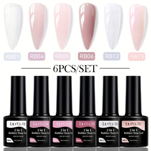 Rubber Base Gel Polish Set 6pcs Nude Pink 2-in-1 Builder Base Coat – Self-Leveling Soak Off UV LED Semi-Permanent Long-Lasting Gel Manicure Kit 0.24oz Each for DIY & Salon Nail Art Women