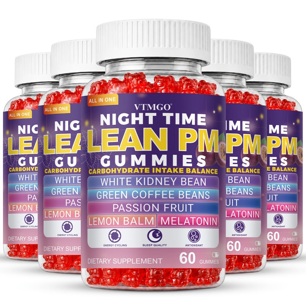 NIGHT TIME LEAN PM GUMMIES: White Kidney Beans, Green Coffee, Lemon Balm, Melatonin, Passionflower - Nature's Source Of Quiet Balance. Night Quietly Becomes The Starting Point for Health, Balance And Change.(60).(1/4/5 Bottles).Family & Holiday Gifts