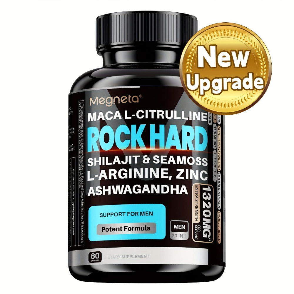ROCK HARD Supplements | Strength, Energy & Vitality | With Shilajit, Ashwagandha, Maca, Sea Moss, L-Arginine | Day& Night Support, 60 Capsules, 30-Day Supply