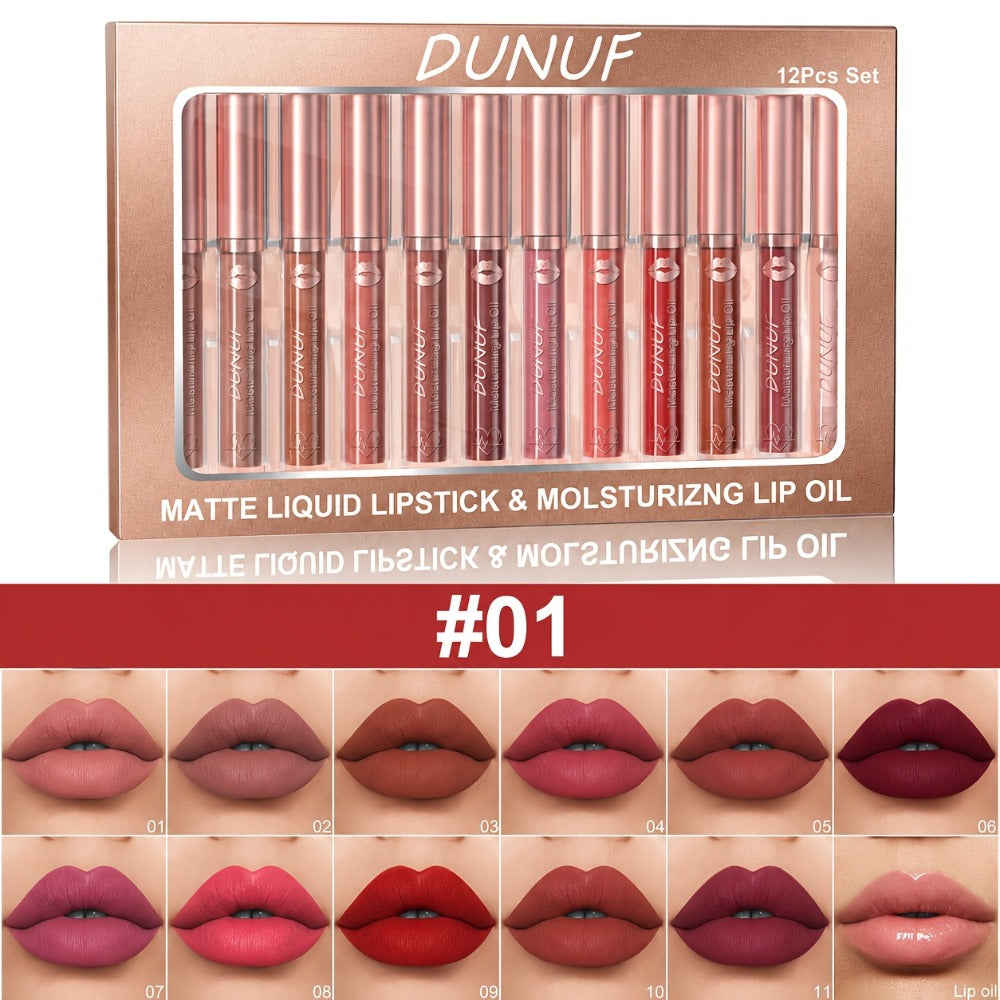 Lip Makeup Set 12pcs — Lipstick, Lip Gloss & Lip Oil, Matte & Glass Lips, Waterproof Long-Lasting Berry Shades, Moisturizing Non-Greasy Formula, Perfect Holiday Gift