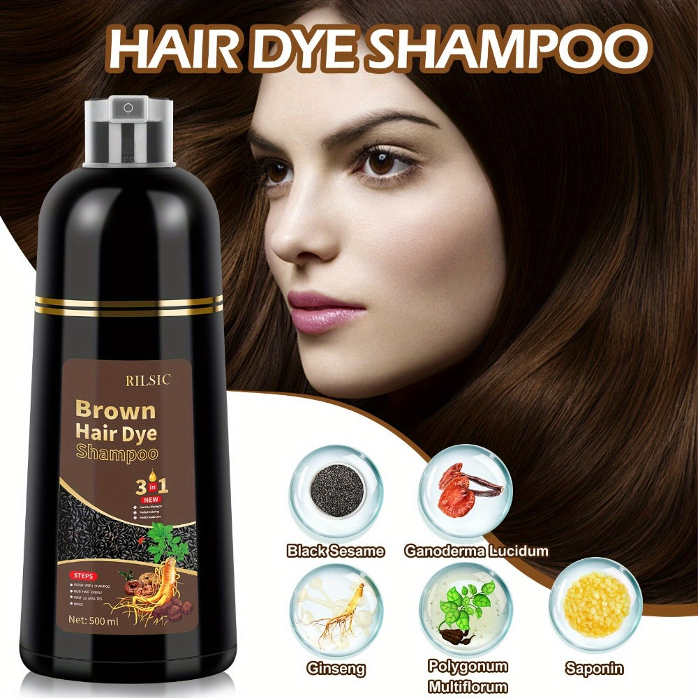 Hair Dye Shampoo 2 Pack Grey Hair 3-in-1 Herbal Plant-Based Squalane Colors in Minutes Kit with Gloves Earmuffs Headgear Shawl Black Brown 500ml Each