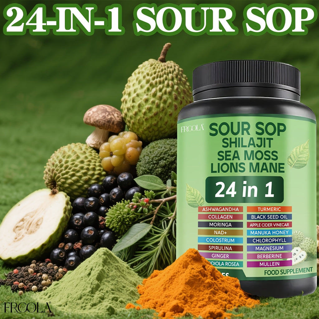 [Natural Wellness Supplement] 24-In-1 Soursop Capsules | Natural Supplement With VitaminD3, Sea Moss, Shilajit, Lions Mane, Black Seed Oil, Chlorophyll & Turmeric | Gluten-Free, Formula For Immune & Liver Health, Daily Wellness Supplement