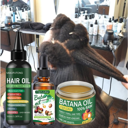 Bataina Hair Oil 3-Piece Set | Cold-Pressed Biotin Hair Oil + Essential Oil + Conditioner | Strengthens Prevents Breakage Split Ends Enhances Shine | All Hair Types