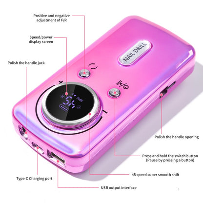 Cordless Nail Drill 45000 RPM Rechargeable Electric Nail File Kit Portable Low Noise for Acrylic Gel Nails Manicure Pedicure Salon Home Use White Pink Purple